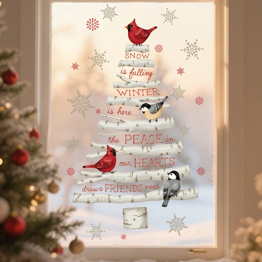 1pc Weihnachten Baum Vogel Fenster Aufkleber Abnehmbare PVC Glas Dekoration Für Schlafzimmer Kindergarten Festliche Hause Dekorationen