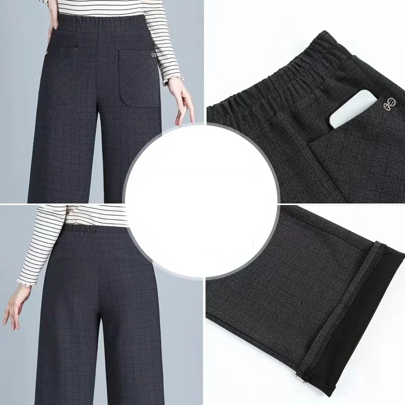 Pantaloni a gamba larga 8XL Extra Large pantaloni invernali in pile di agnello da donna autunno pantaloni Casual elastici a vita alta pantaloni dritti femminili