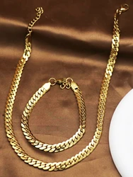 1Set/2pcs 8mm Width Stainless Steel Gold Color Geometric Chain Necklace Bracelets For Women Girl New Fashion Jewelry Set