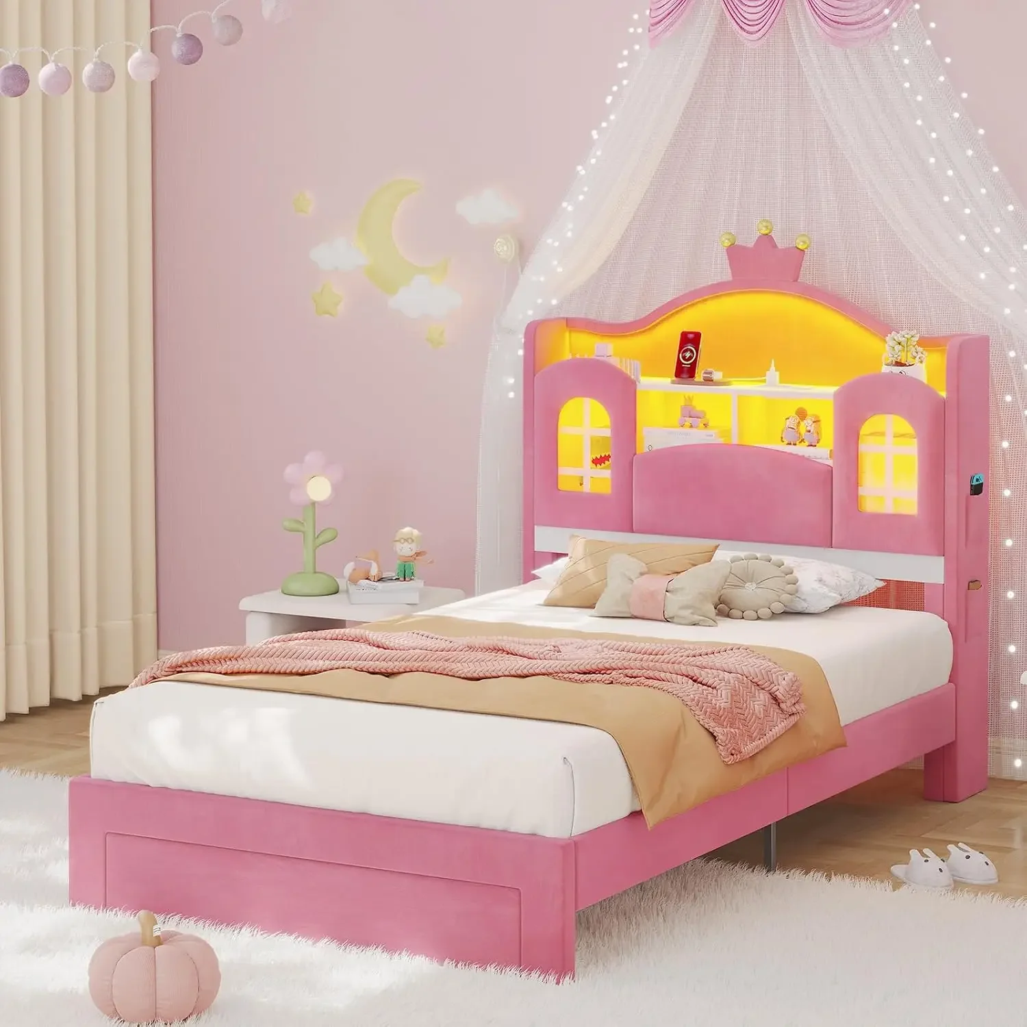 USA Stock Twin Bed Frames For Girls With Storage Headboard,Pink Princess Bed With Led Lights,Charging Station,Crown,Sturdy Platf