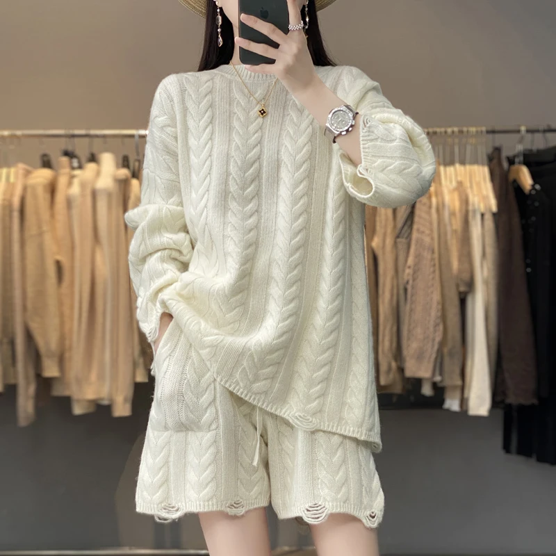 

Spring and Autumn 100% Pure Wool Sweater Set for Women, New Thickened Cable Knit Casual Loose Sweater and Shorts Two-Piece Set