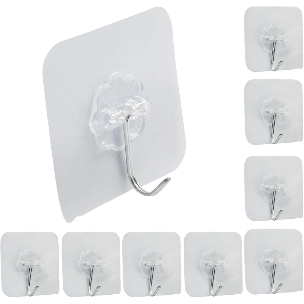 2 Sets Total 20 Pcs Clear Self Adhesive Wall Hooks, Heavy Duty No Drill Transparent Sticky Hanging Hooks, Waterproof Oilproof Nail-Free Hook for Bathroom Kitchen Door Cabinet Household Storage Gift