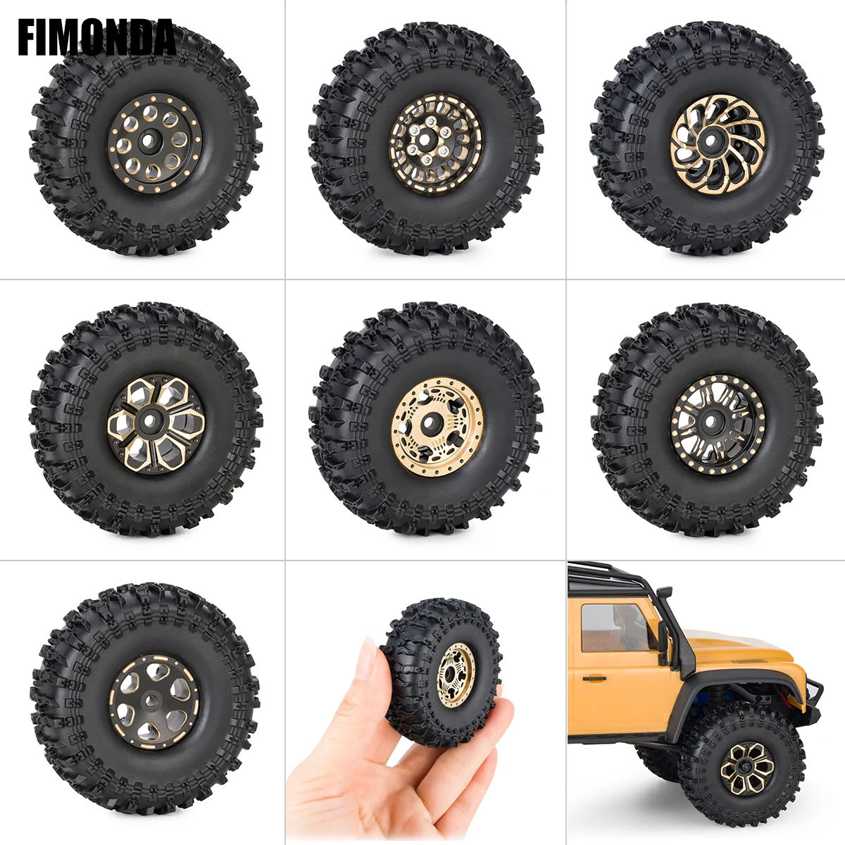 4PCS 1.0'' (62mm) Brass Beadlock Wheel & Tire Set – Compatible with 1/24 Axial SCX24, AX24, FCX24 RC Crawlers