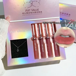 Matte Liquid Lipstick Lip Gloss Set Moisturizing Sexy Makeup Mirror Lip Glaze Necklace Lipgloss Cosmetics For Women Perfect Gift