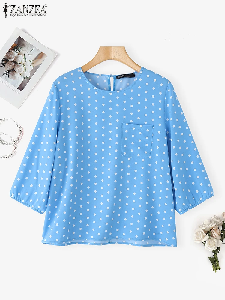 ZANZEA Women Polka Dot Blouse O Neck 3/4 Sleeve Summer Tops 2025 Fashion Pockets Elegant Tunic Oversized Casual Loose Pullovers
