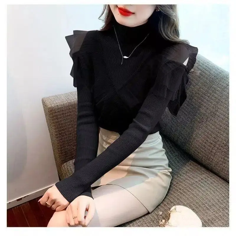 Women\'s Autumn and Winter Fashion Solid Color Pullover Half High Collar Ruffle Edge Mesh Panel Long Sleeve Slim Fit Knit Tops