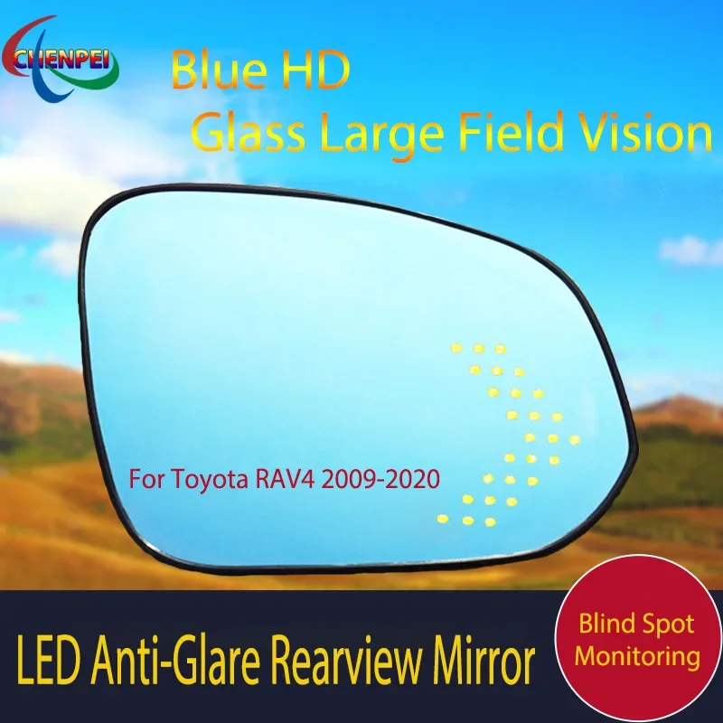 

Large View Blue Mirror Anti-Glare Electrically Heated Rearview Mirror With LED Turn Indicator For Toyota RAV4 2009-2020