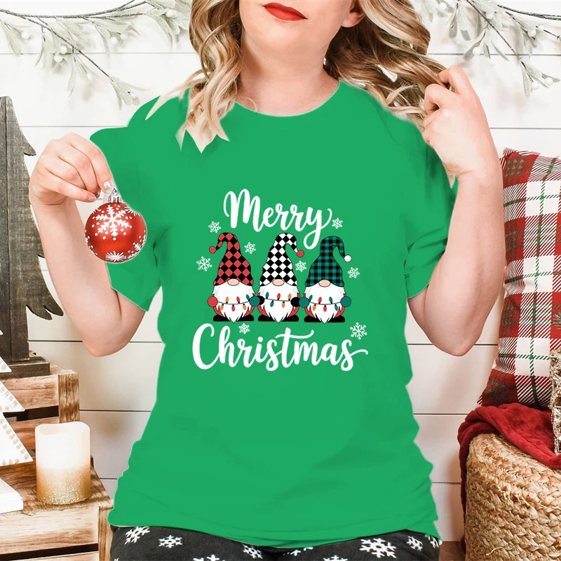 Merry Christmas Gnomes Print Women's T-shirt Fashion Casual Holiday Party Female Tops Tees Short Sleeve Tshirt Women Xmas Gift