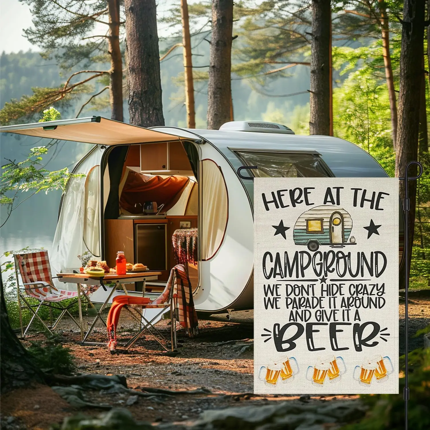 Beer Drinking Camping Garden Flag Double Sided 12×18 Inch,Funny Vertical Burlap RV Campsite Yard Flags for Outdoor Party Hol SSL