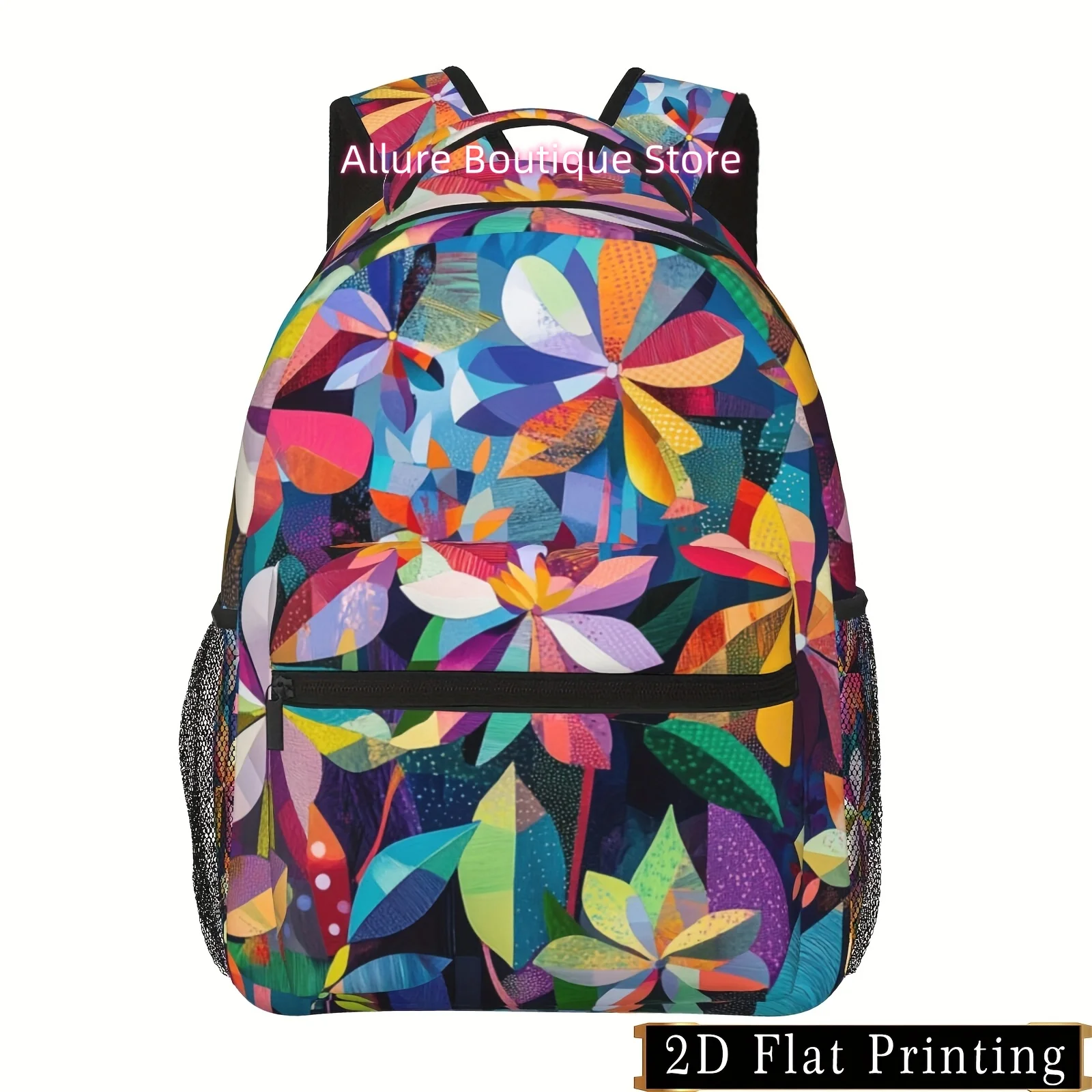 A Vibrant, Printed Backpack for Young Students, Adorned with a Colorful Windmill Flower Design. It Boasts a Spacious Interior An