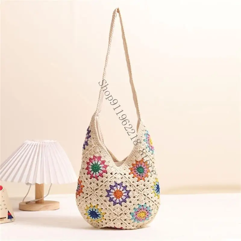 

Женская вязаная сумка через плечо, пляжная сумка, модная сумка на плечо, вязаная крючком сумка для отпуска, красочная сумка с