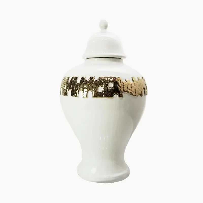 White Ceramic Ginger Jar with Gold Elegant Porcelain Vase