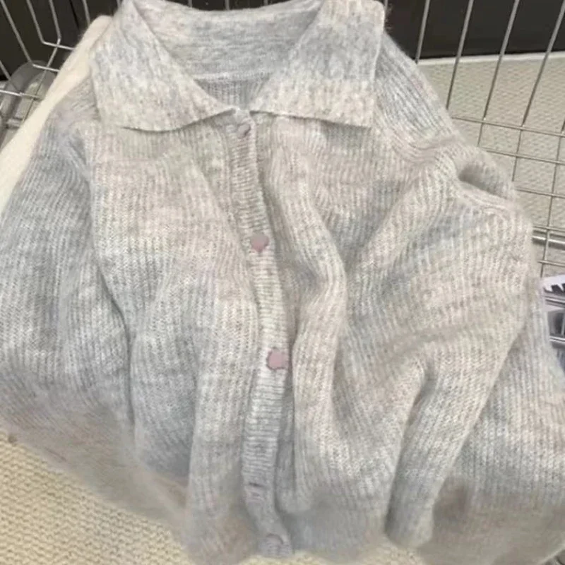 

Juspinice Turn-down Collar Cardigan Autumn and Winter Mohair Sweater Women Office Style Soft Loose-fitting Fashion Knitted Top