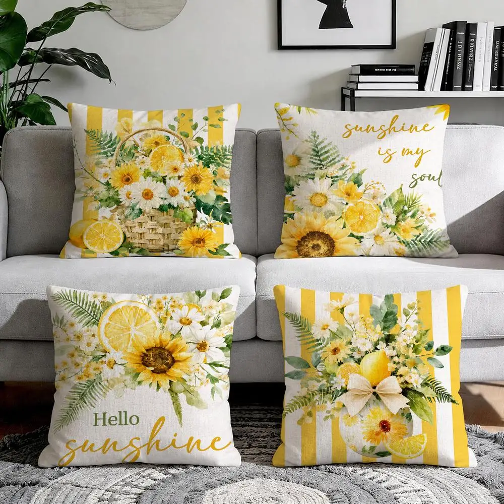 Summer Daisy Lemon Design Cushion Cover Natural Breathable Durable Linen Printed Decor Pillow Case Sofa Bedroom