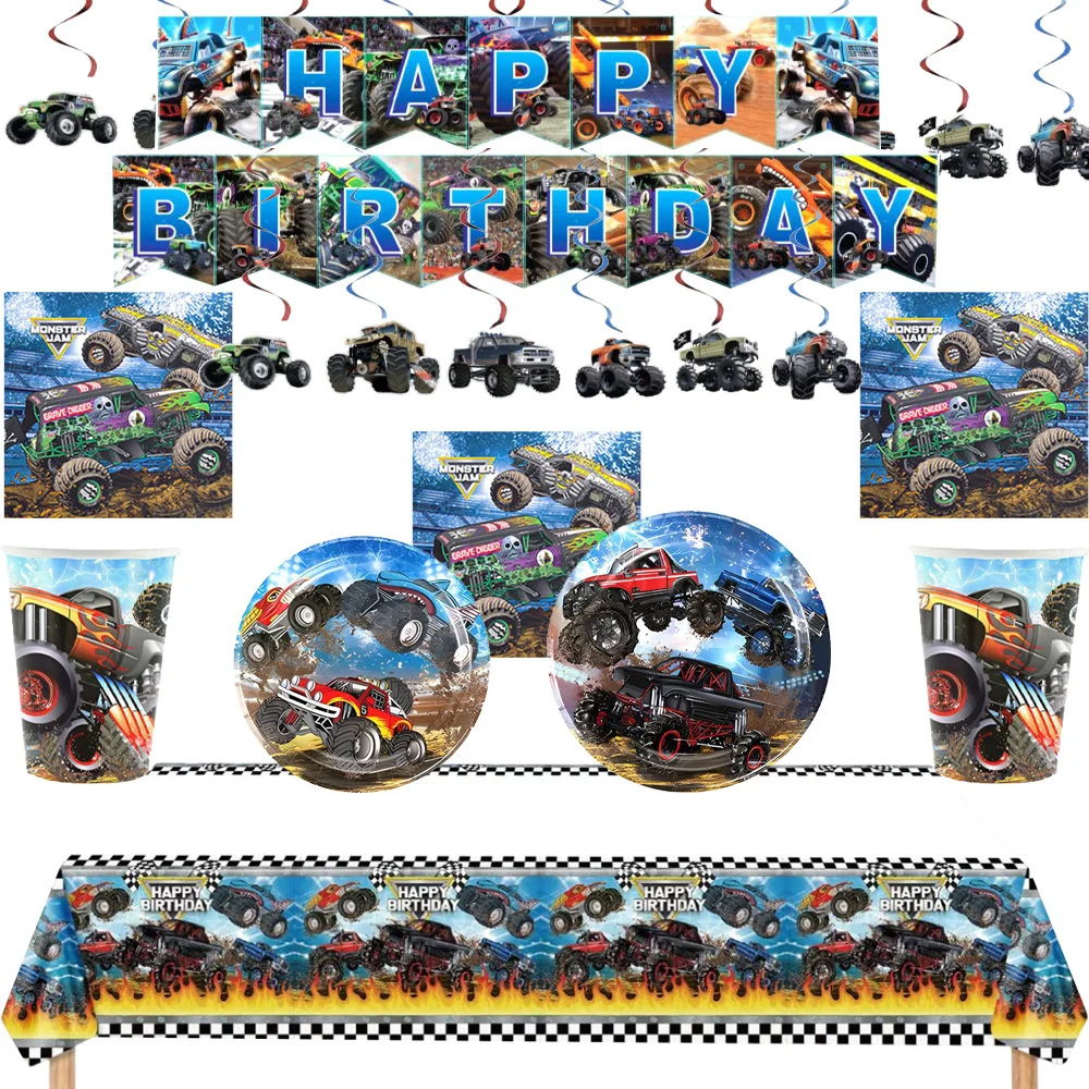 72pcs Wheel Car Party Set Anime Truck Theme Disposable Tableware Set Tablecloth Plate Cup Napkin Balloon Boy Birthday Decoration
