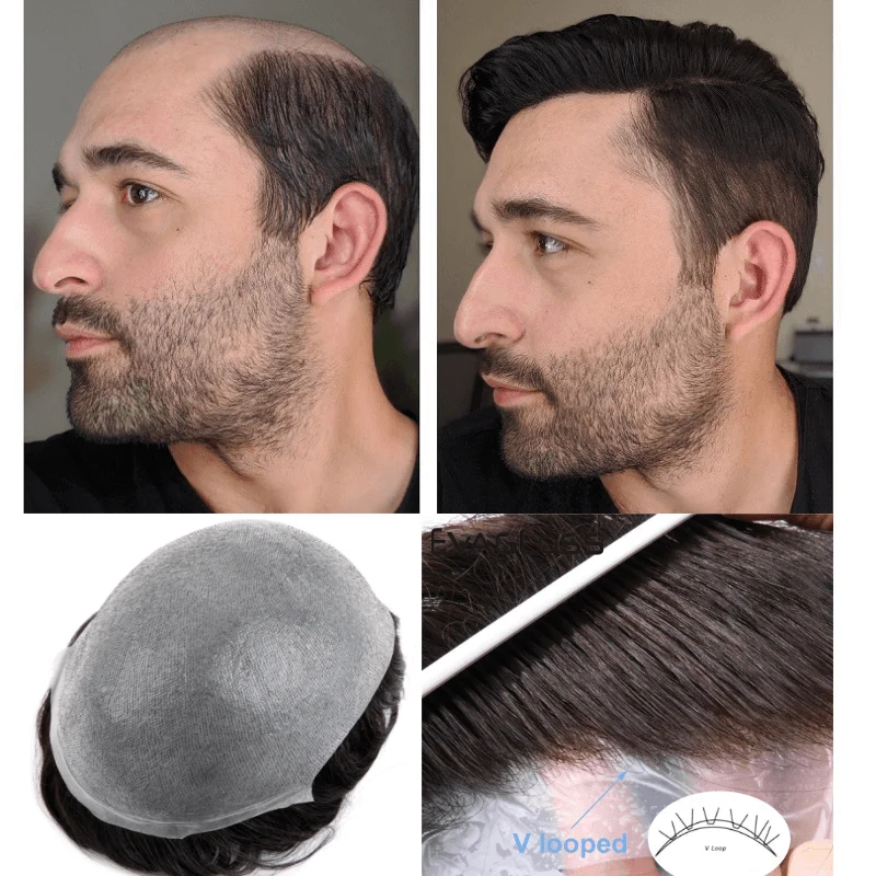 Men's Capillary Prosthesis Natural Human Hair Men's Wig Thin Skin Pu Hair Replacement System 0.02-0.04mm Thickness Men Toupee