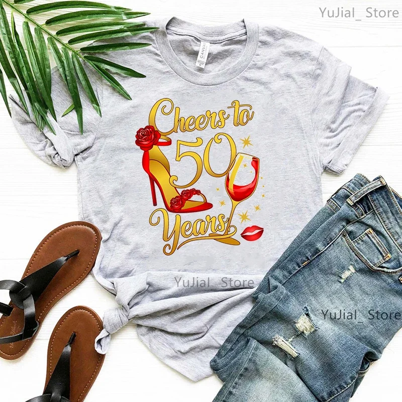 Cheers To 50 Years Graphic Print Tshirt Women Red High Shoes Lips Birthday Gift T Shirt Femme Gray/Green/Yellow/Black T-Shirt