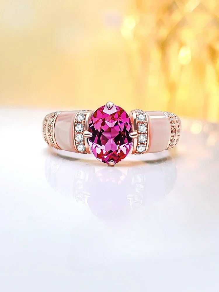 Desire 925 Sterling Silver Artificial Rupee Tourmaline Ring Set with High Carbon Diamond Temperament Versatile Rose Red