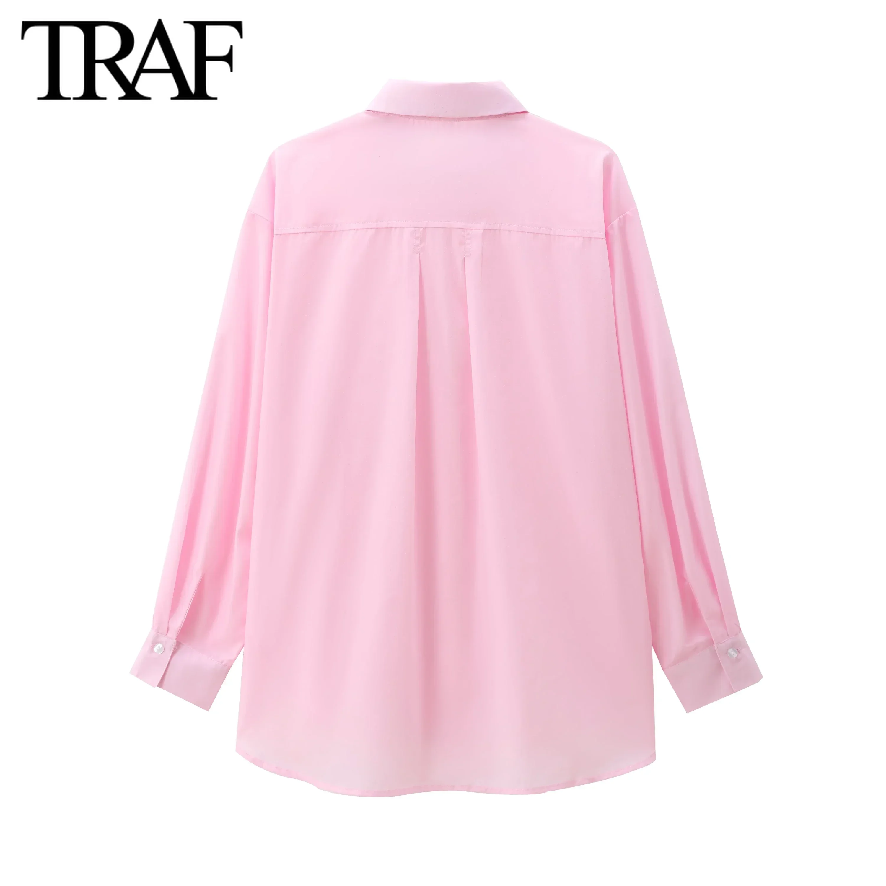 TRAF Women Fashion New Cotton Solid Color Loose Long Sleeve Single Breasted Lapel Blouse Street Clothing Shirt Chic Ladies