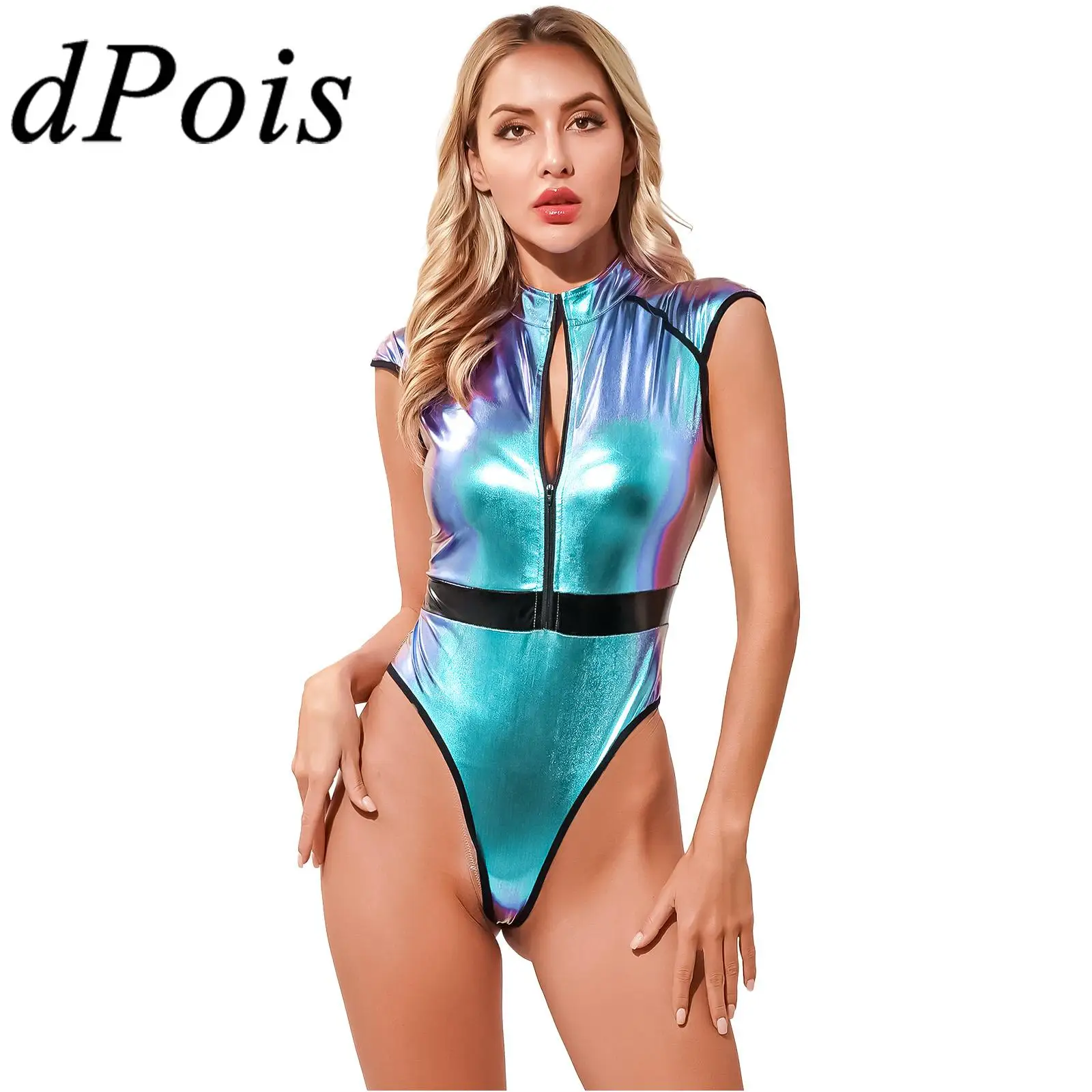 

Womens Astronaut Robot Alien Cosplay Costume High Cut Patent Leather Catsuit Zipper Front Bodysuit Saucer Man Dress Up Jumpsuit