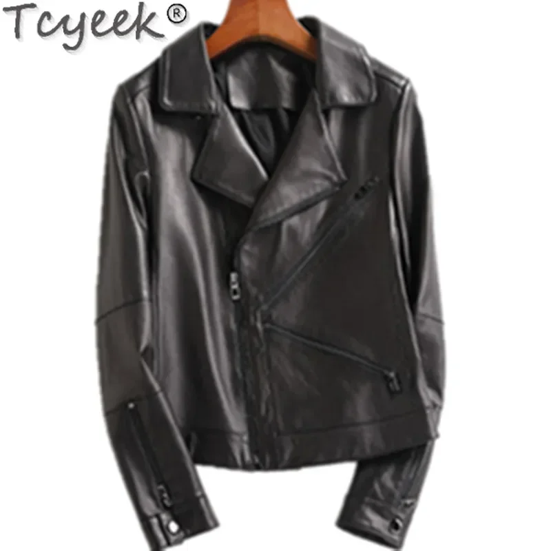 Tcyeek Echtes Leder Jacke Frauen Schaffell Mantel Schwarz Leder Mantel frauen Motorrad Jacken Frühling Herbst Kleidung Slim Fit