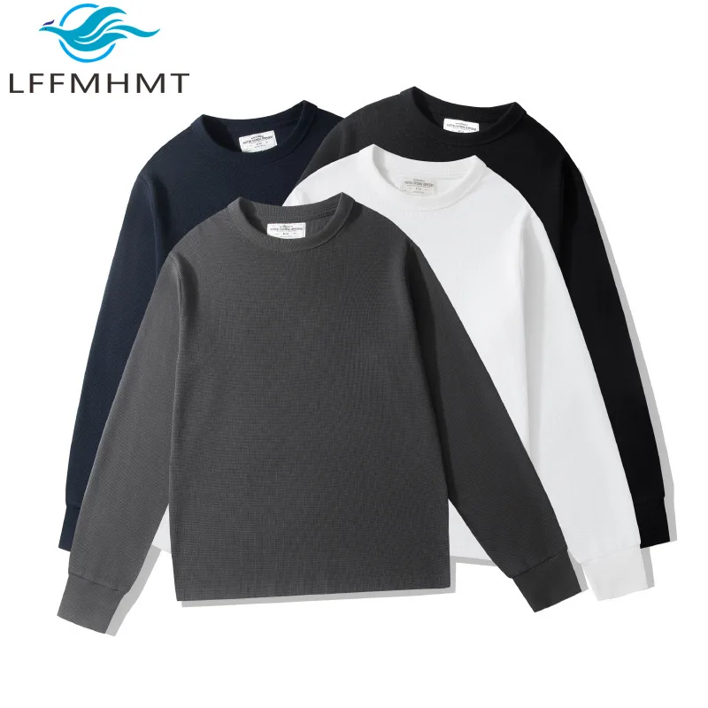 350GSM Men's Heavy Weight Waffle Long Sleeve T-Shirt Solid Color Simple Basic O-Neck Pullover Casual Winter Tees Tops