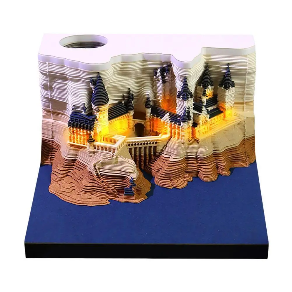 Etiqueta engomada creativa del calendario del castillo mágico de Hogwarts con luz 3D calendario del castillo rasgado a mano Bloc de notas DIY regalos artesanales ﻿