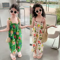 Summer Baby and Girls All-Over Printed Pleated Elastic Suspender Bodysuits Kids Strapped Jumpsuits Child Overalls Outfits 2-8 Yr