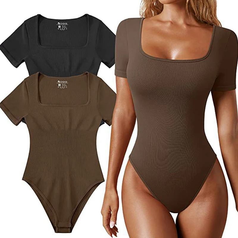 OMSJ Seamless Body-shaping Sexy Ribbed One Piece Square Collar Short Sleeved Skinny Bodysuits Tees Base Casual Streetwear Female