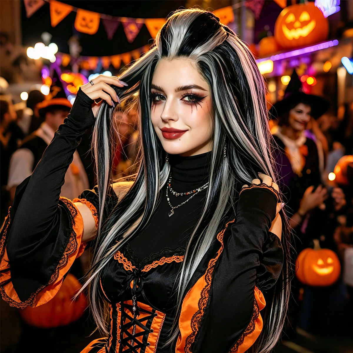 Black and White Streaked Long Straight Synthetic Wig with Bangs, Gothic Style for Anime Cosplay and Halloween