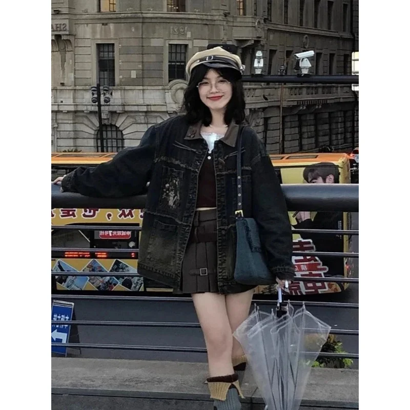 Jaket Jeans Bordir Kartun Musim Semi Mantel Rumbai Kasual Longgar Estetika Y2k Ritsleting Wanita Atasan Grunge Kancing Sebaris Harajuku