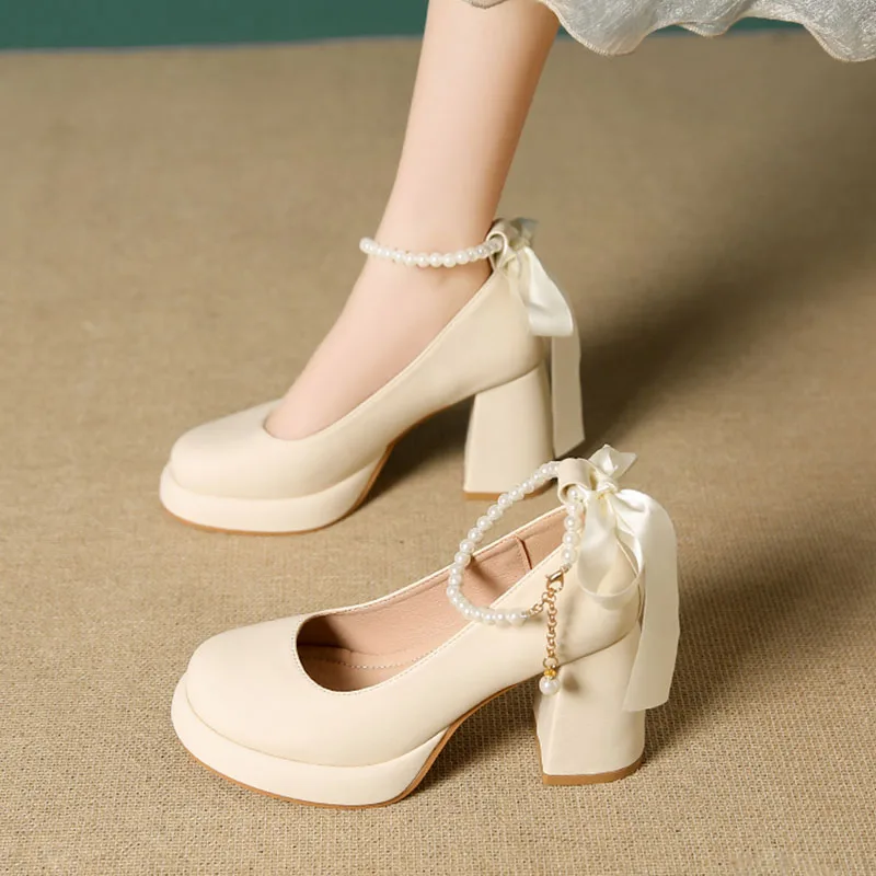 

2024 Platform Heels Lolita Shoes Round Toe Branded Pumps Sexy Sandals Footwear Mary Jane Casual Fashion Beige Retro Big Bridal C