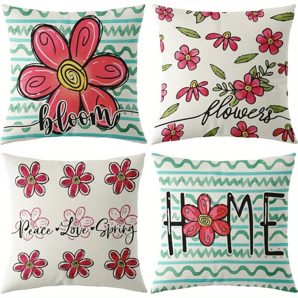 

4pcs Print Spring Pillow Covers Home Bloom Flowers Pink Pillow Covers Home Decorations for Home Rest Room Decor Pillow Cover