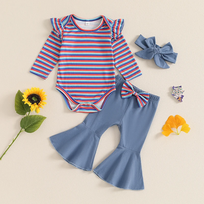 

Baby Girls Fall 3PCS Sets Flying Sleeve O Neck Striped Romper Solid Color Pants Headband Sets