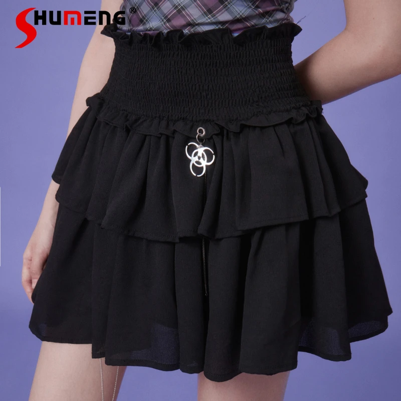 New Japanese Rojita Skirts Cover Your Belly With High Waist Dark Summer Slimming Look Tall Sweet Cool Black Short Cake Skirt