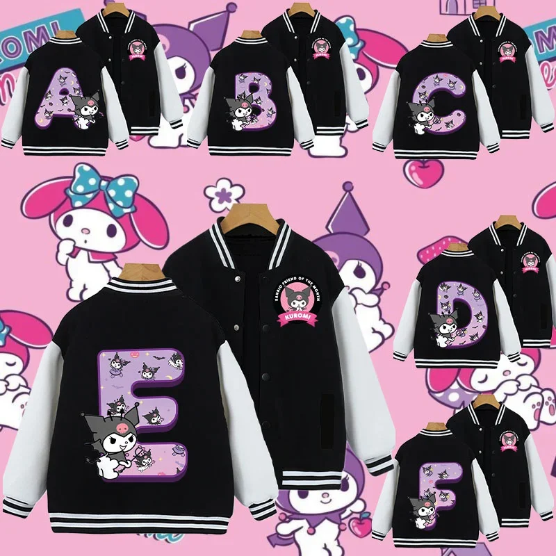 Kuromi ABCD letter baseball Uniform for kids 1-14 years old Spring Jacket Cartoon Print for boys and girls Kawaii knitwear