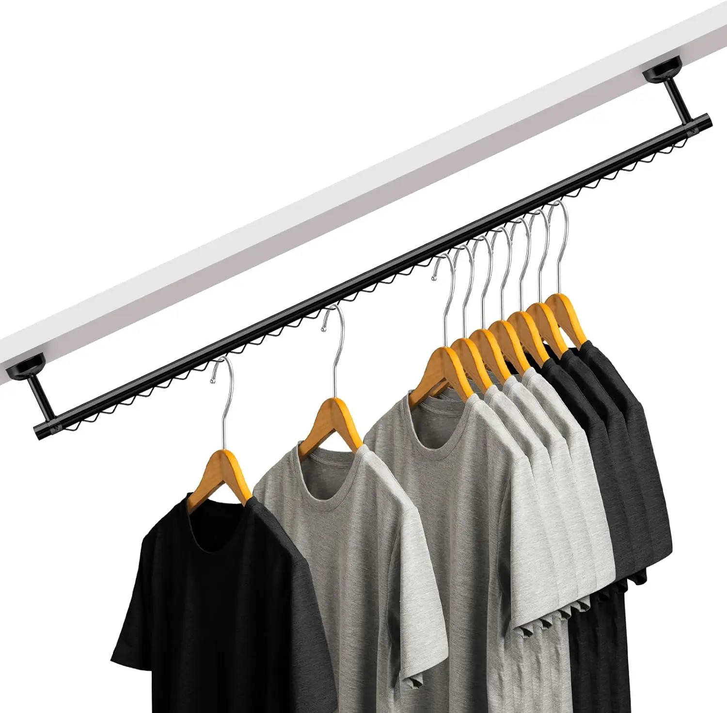 

Flexible Ceiling Clothes Rack with Wavy Coils for Sloped Attic or Under Stairs Storage in Black