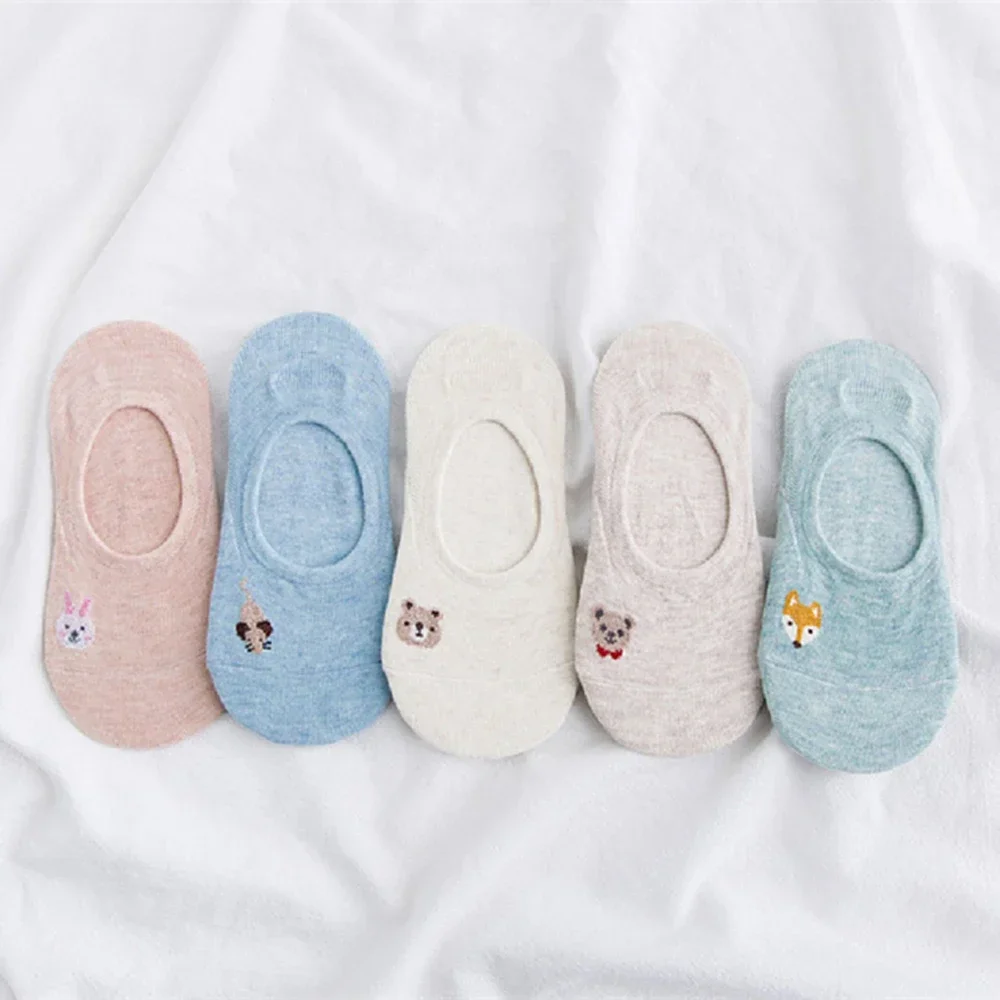 Meias de algodão invisível para mulheres, gato dos desenhos animados, raposa, pato, animal fofo, coreia, verão, dropship, 5 pares