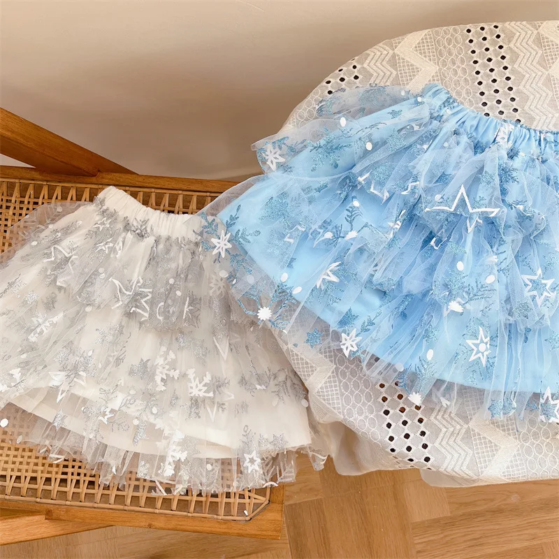 Kids Clothes Baby Girls Skirt Snowflake Sequin Tutu Dress Toddler Girl Kawaii Lolita Blue Skirt Princess Birthday Party Skirts