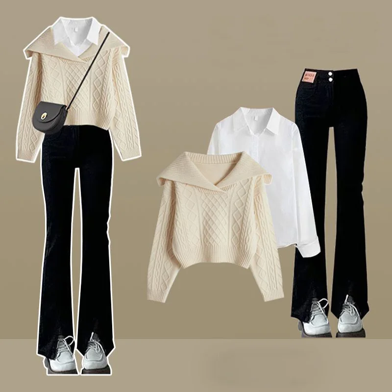 Conjunto de tres piezas para mujer, suéter de punto con cuello tipo Polo coreano, camisa y pantalones vaqueros, ropa de otoño e invierno, novedad de 2024