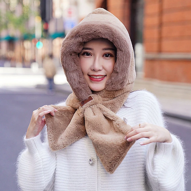 Hat Scarf One Female Winter Plush Thickened Cold Proof Warm Windproof Plush Scarf Ear Protection Girl Outdoor  Protection Khaki