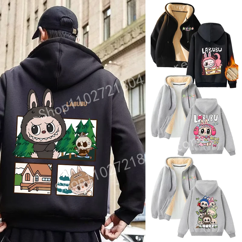 Labubu Adult Berber Fleece Jacket Printing Hoodie Christmas Gift Anime Overcoats Winter Warmth Zipper Coats Fashion Cartoon Tops