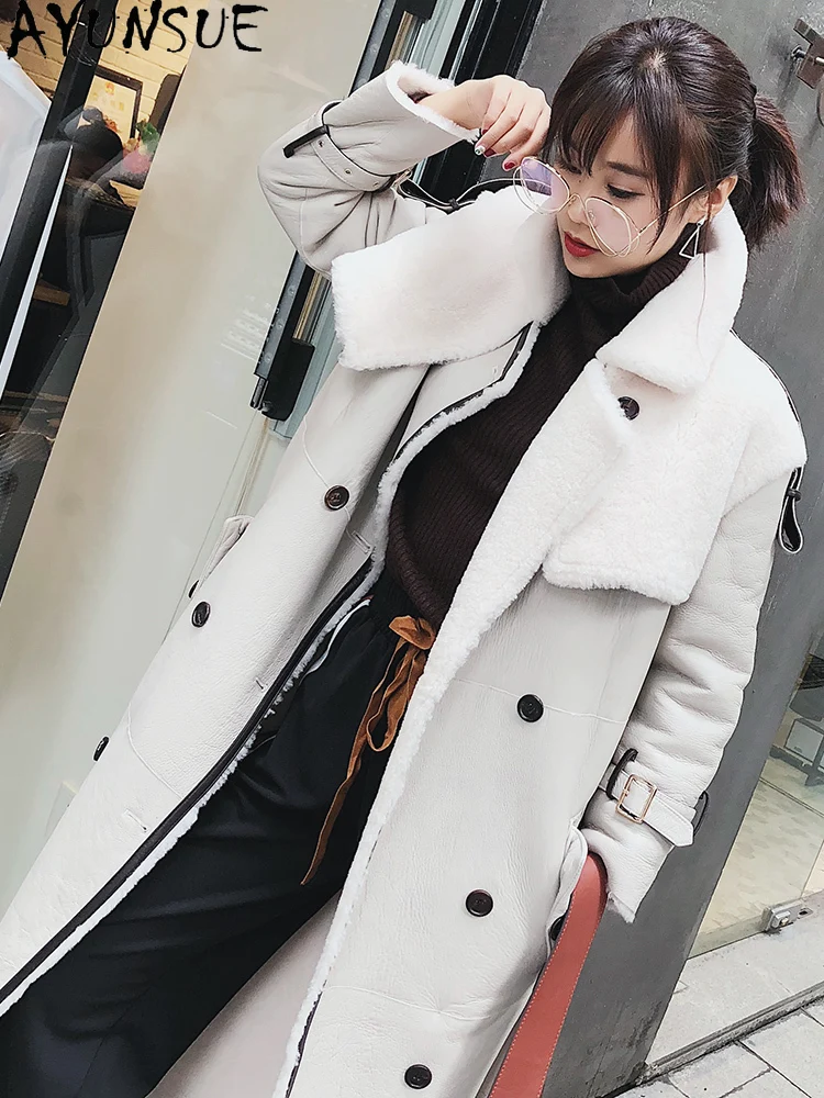AYUNSUE 천연 양피 모피 코트 여성 메리노 양모 리얼 퍼 여성 코트 롱 스타일 겨울 의류 2025 Jaqueta Feminina