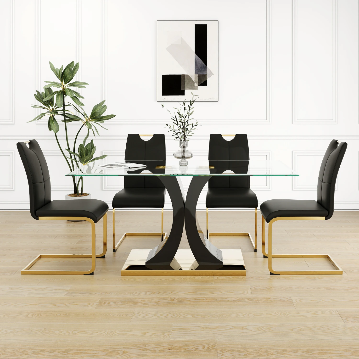 Modern style glass dining table, elegant transparent design, solid support base, black dining chair set, gold-plated chair legs,