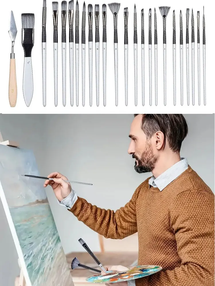 مجموعة فرش طلاء فنية احترافية مكونة من 24 قطعة - فرش مسطحة ومستديرة ومروحة وتفاصيل مع شعيرات ناعمة ممتازة، خشبية #6