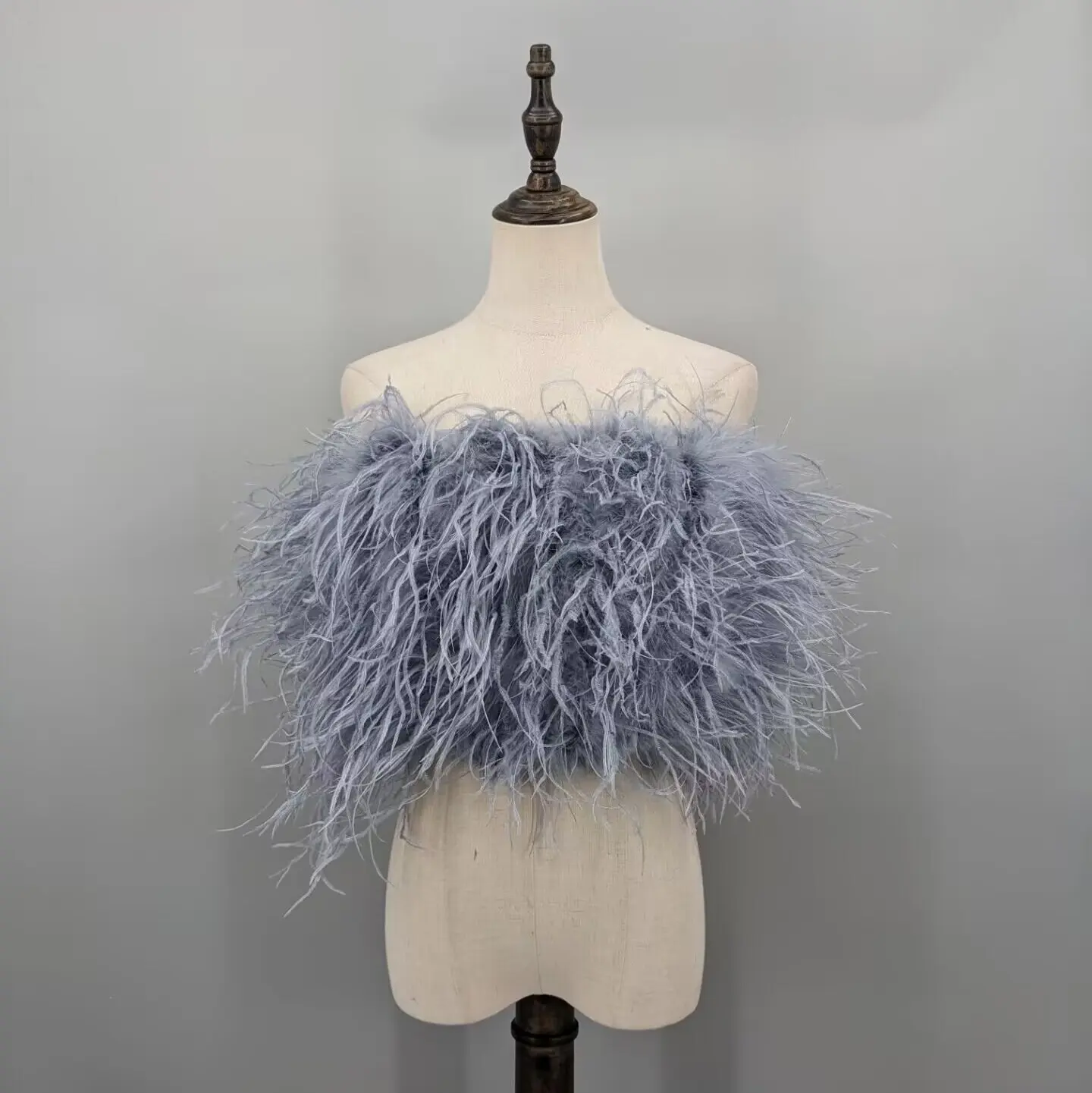 Women Grey Real Ostrich Feather Strapless Tube Top Off Shoulder Fluffy Crop Bustier Wedding Party Banquet Club Top 21A0701