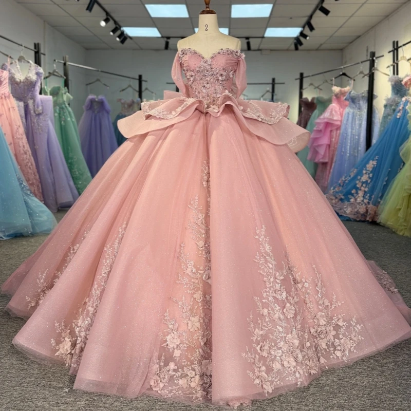 

Pink Shiny Quinceanera Dresses Off The Shoulder Applique Flower Beading Crystal Tull Bow Party Birthday Sweet 16 Dress Vestidos