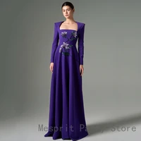 Vestido de noche morado de lujo para mujer, vestido de fiesta de corte A, largo hasta el suelo, vestido Formal de fiesta de manga larga, vestido Beaidng de Arabia Saudita