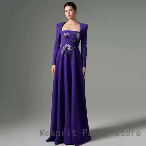 Luxury Purple Evening Dress For Women A Line Prom Dress Floor Length Formal Party Gown Long Sleeves Beaidng Saudi Arabia Dress