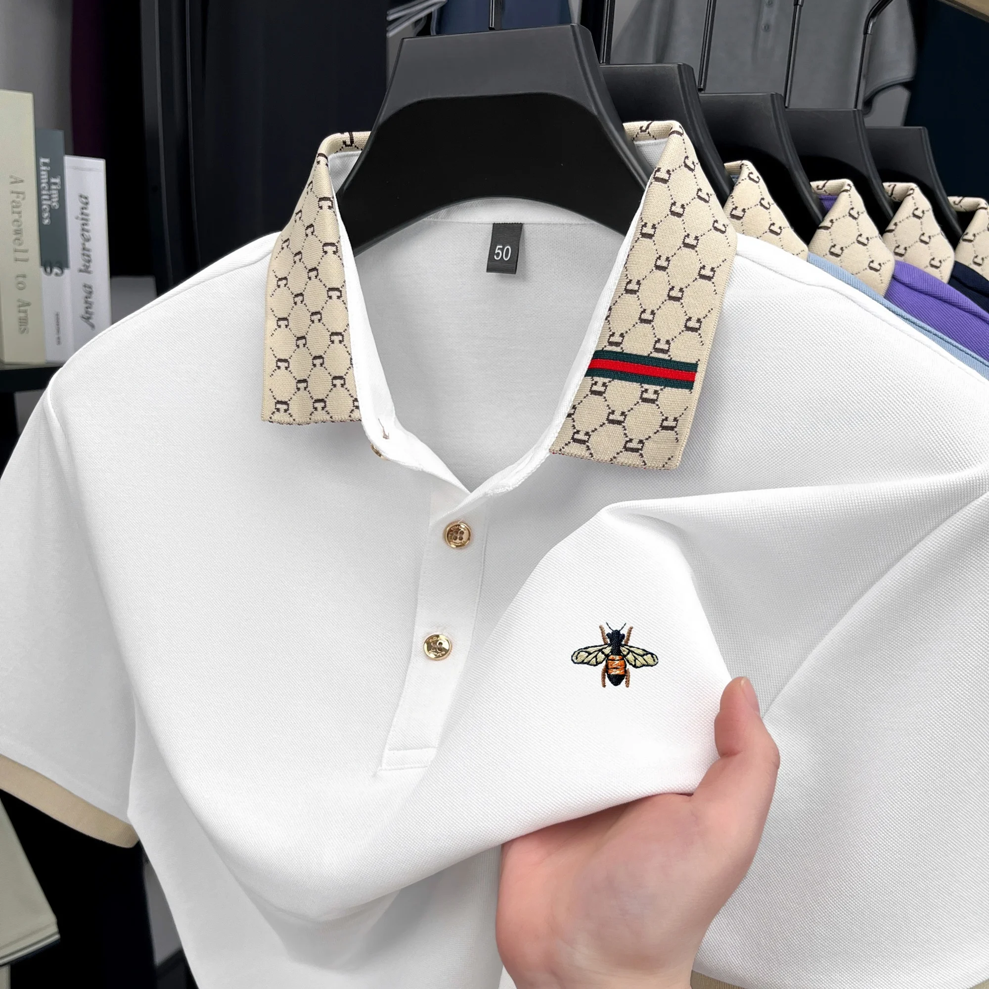

Новая премиальная марка мужская Короткие рукава Рубашка Polo летняя мода Пчелы вышивка дизайн гольф шелковый топ футболка для отдыха